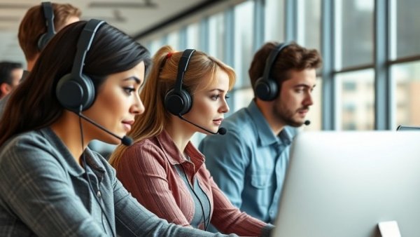 Three call center employees discussing calls for customer support performance and breaks.