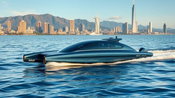 Hydrofoil water transit network in a serene harbor with cityscape.