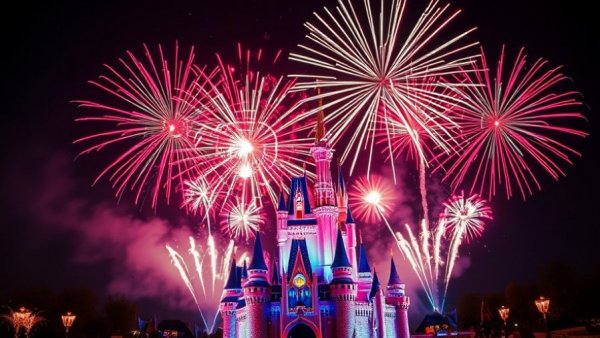 Fourth of July fireworks at Magic Kingdom illuminating the night sky.