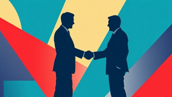 Overly optimistic leaders shaking hands with long shadows in minimalistic style.