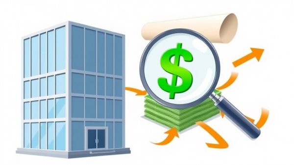 Illustration depicting tariff refund process for small businesses with building, document, magnifying glass, and money.