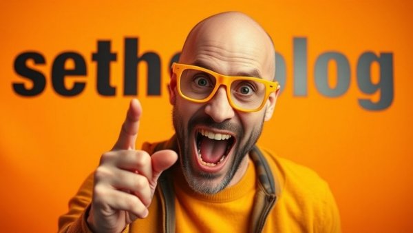 Dynamic bald man gesturing, seths.blog text on yellow background