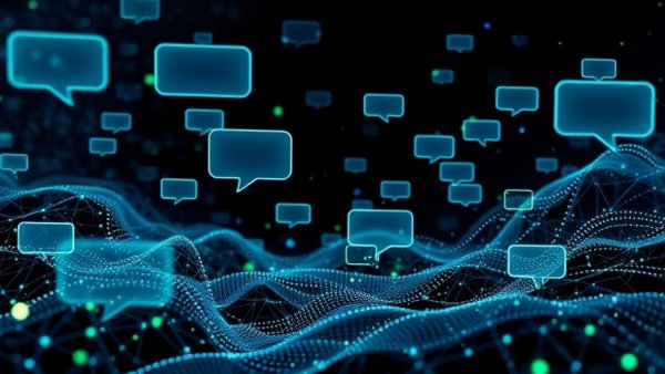 Futuristic chat bubbles in digital landscape for enterprise automation