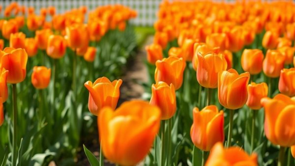 Colorful tulip field in full bloom under sunlight.