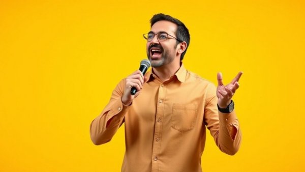Courage vs. Excuses: Dynamic speaker gesturing against yellow background