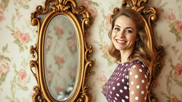 Smiling woman in elegant room with floral wallpaper, home design.