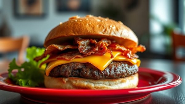 Delicious cheeseburger, perfect for Memorial Day recipes, on a red plate.