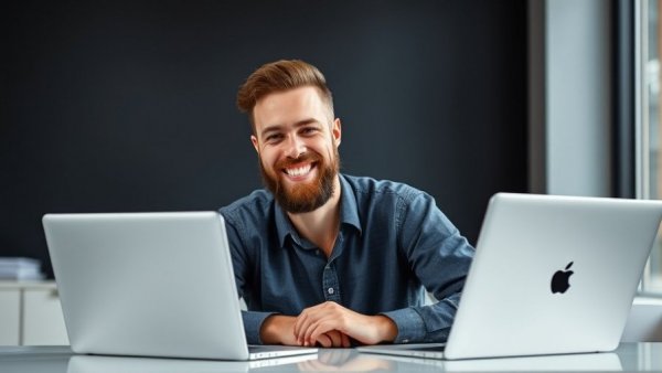Confident man smiling at desk, AI Playbook for Solopreneurs backdrop.
