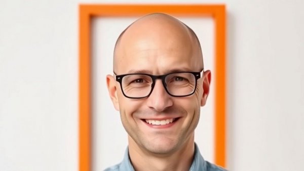 Portrait of a bald man with glasses smiling subtly against a white background.