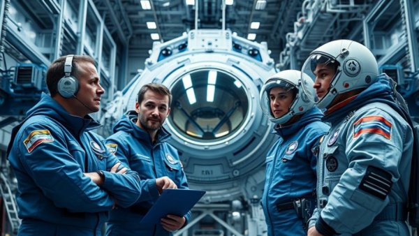 NASA team discusses spacecraft in facility - Artemis II insights.