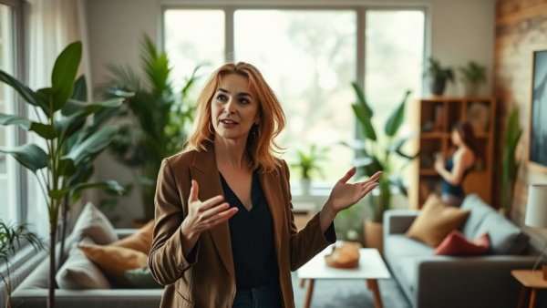 Stylish woman discussing home design in cozy living room.