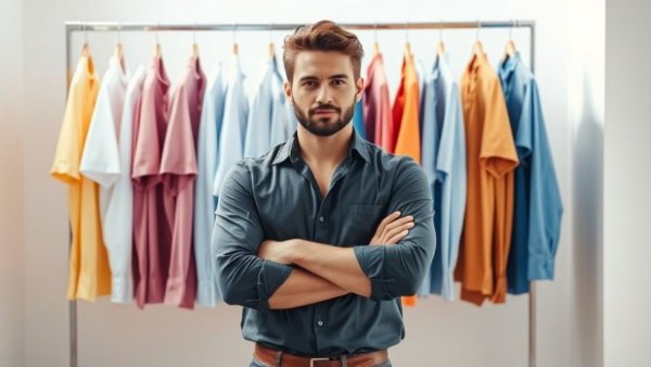 Confident man in blue shirt with Japanese fashion labels in background.