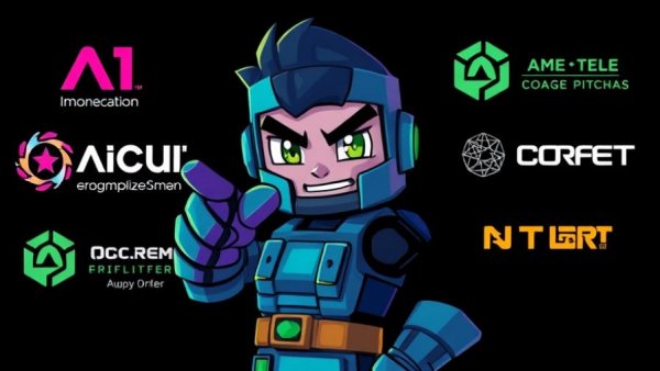 Pixelated character pointing with AI logos and text on a dark background.