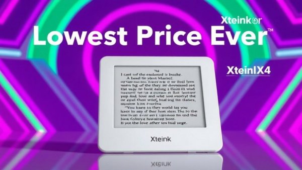 Xteink X4 e-reader with vibrant retro background