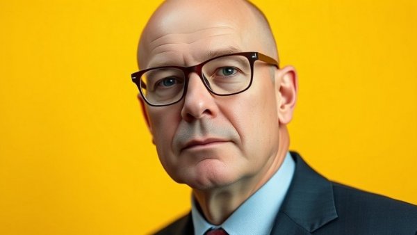 Professional portrait of a bald man with glasses on yellow.