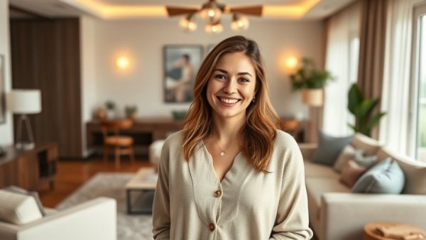 Smiling woman in a stylish living room, home design focus.