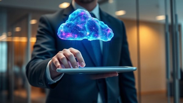 Holographic cloud symbol over tablet in modern office, EU Cloud Sovereignty Contract