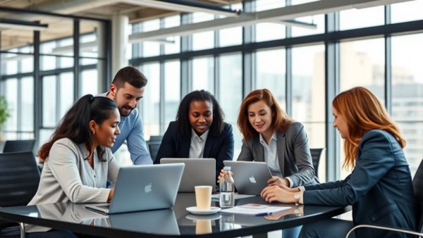 Business team discussing workload balancing tools during a meeting.