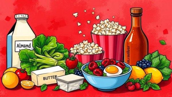 Colorful illustration of family grocery items for budget planning.