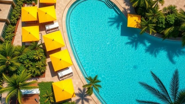 Aerial view of Orlando beach cabanas, pool, and umbrellas