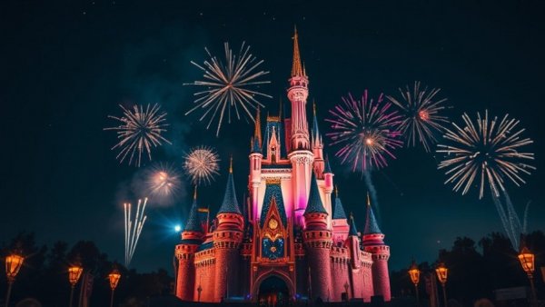 Disney castle during Week of Wishes, illuminated at night.