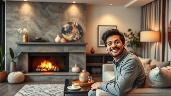 Modern home design with stylish fireplace and chic decor.