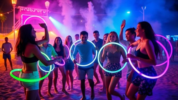 Orlando Water Park Nighttime Events: Lively beach party with hula hoops.