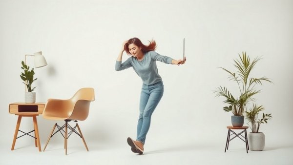 Woman balancing household items in surreal collage, minimalist art style.