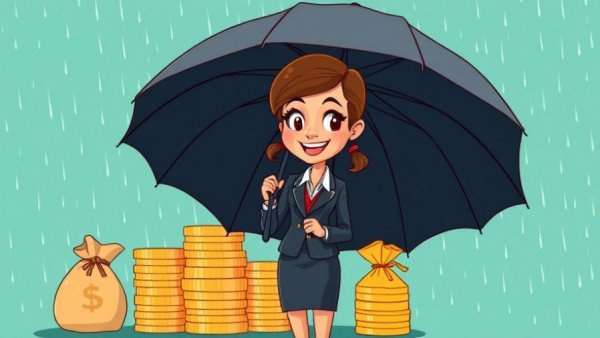 Cartoon businesswoman shielding money with an umbrella, protecting personal assets.