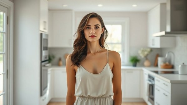 Modern home design featuring elegant kitchen with white cabinets.