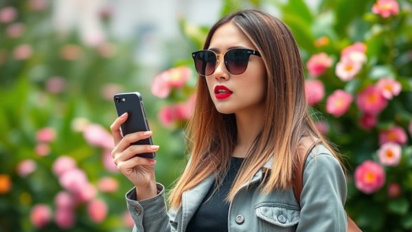 Woman's spring style with sunglasses and phone outdoors.