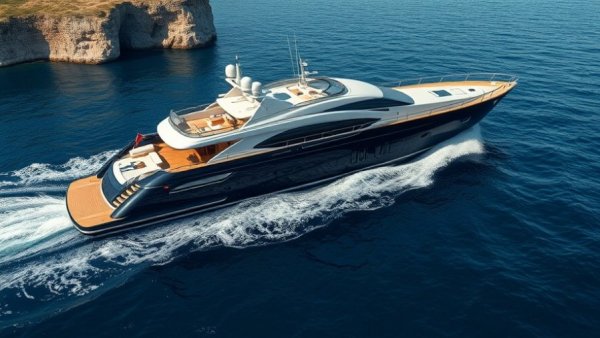 Sleek luxury yacht cruising in ocean with coastal cliffs.