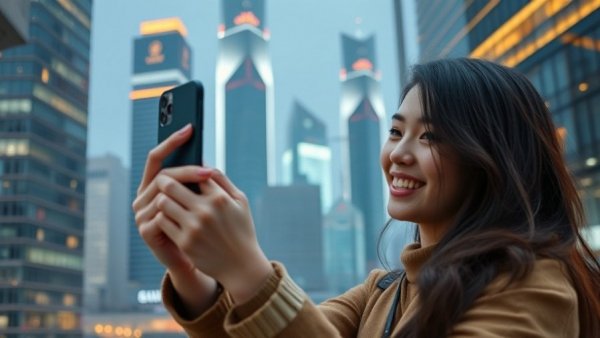 AI camera recommendations enhance selfie experience in futuristic cityscape.