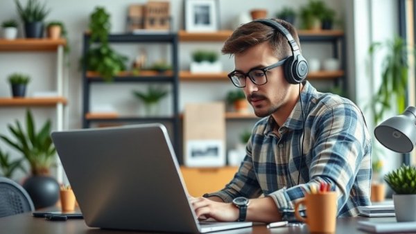 Young man using a laptop in a bright office, reflecting Meta's employee tracking impacts workforce analytics.
