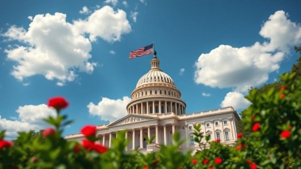 The US Capitol with vibrant flowers under a blue sky.