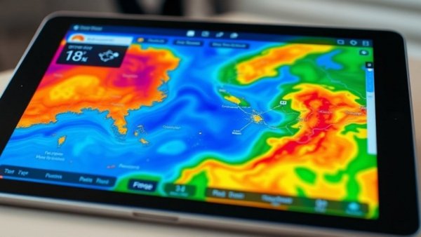 Tablet showing AI weather forecasting app with wind maps for sailing.