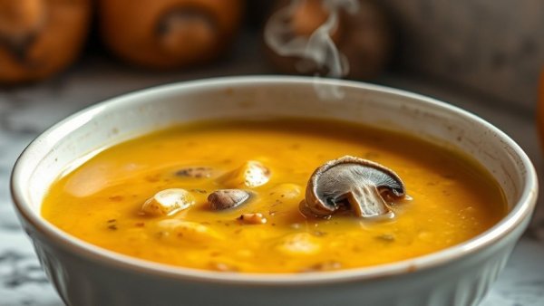 Golden Mushroom Soup with butter garnish and herbs