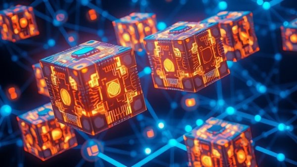 Futuristic micro-agent technology cubes with circuit designs.