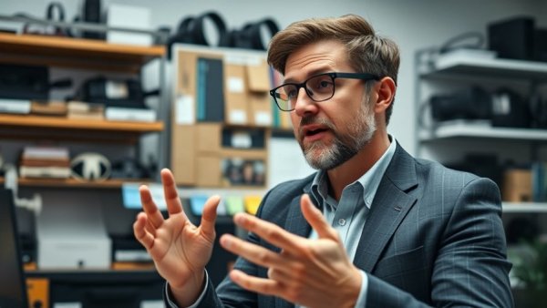 AI in digital marketing professional speaking energetically in an office.
