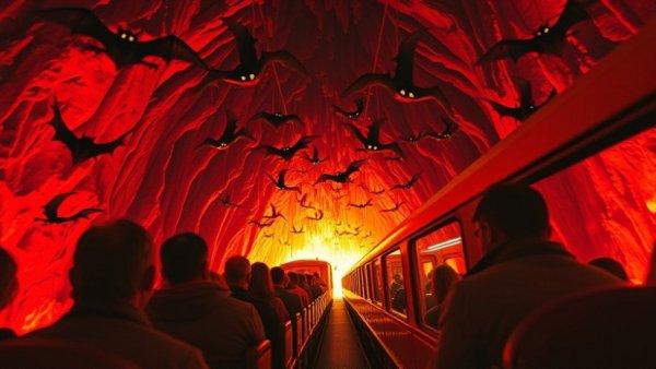 Big Thunder Mountain Railroad train in fiery cave with bats.