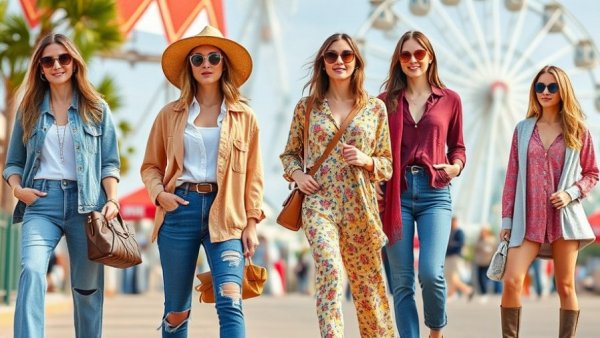 Trendy spring fashion essentials for travel with vibrant background.