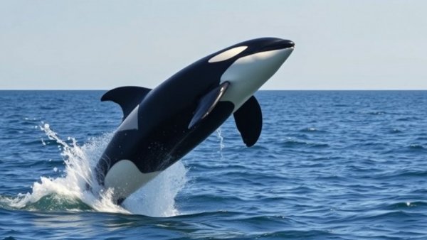 Orca breaching with a powerful leap in open ocean under bright daylight.