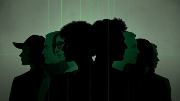 Facial recognition technology scanning abstract silhouettes, digital art.