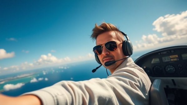 Confident pilot flying over ocean with blue skies, build trust monetize attention.