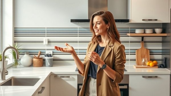 Modern home design kitchen with woman in stylish attire.