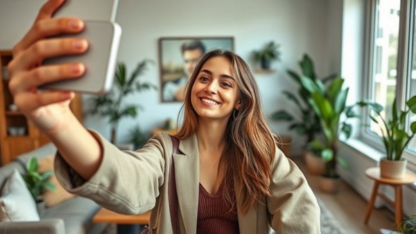 Trendsetting woman in cozy room holding a leather handbag.