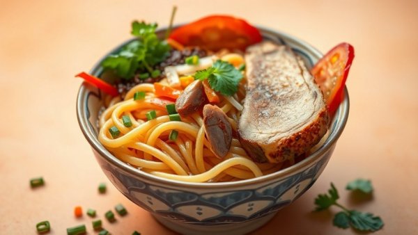 Gourmet instant noodles with vibrant veggies and meat.