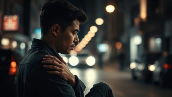Two people in emotional scene at night with city background.