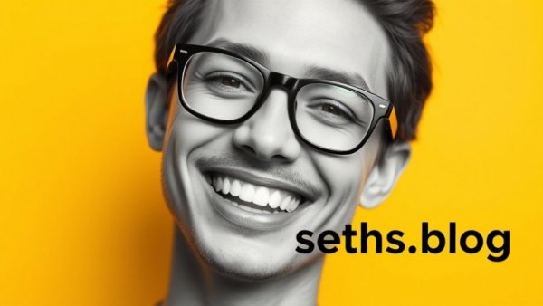 Monochrome portrait with glasses on yellow background, 'seths.blog'.