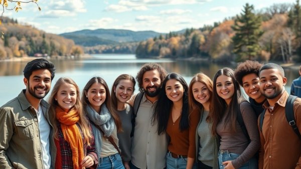Cheerful group at Pennsylvania Outdoor Content Creator Meetup by a lake.